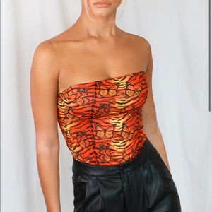 Orange Leopard Butterfly Printed Bandeau Bodysuit
